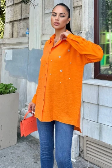 Turuncu Taş Detaylı Keten Klasik Gömlek