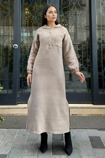 Vizon Çift Taraflı Kapüşonlu, Yırttmaç Detaylı, Duble Yumoş Kaşe Uzun Elbise