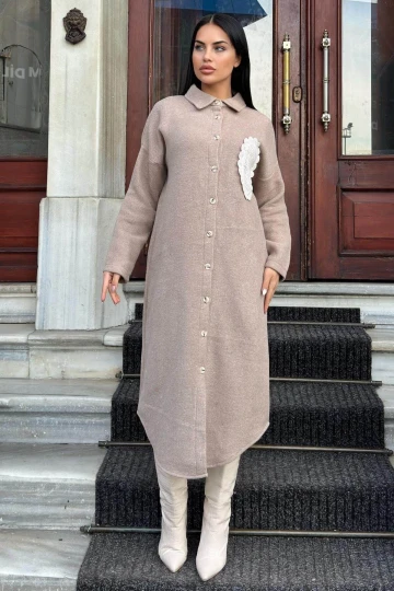 Vizon Çift Taraflı Yumoş Dokulu, Aplike Detaylı, Duble Kaşe Gömlek Elbise