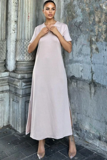 Vizon Polo Yaka, Kısa Kol, Yırtmaçlı, Basic Model, Uzun Salaş Elbise