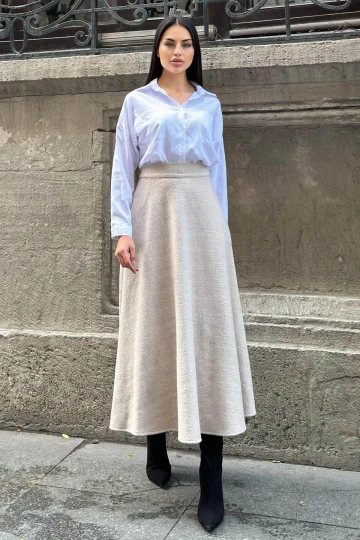 Vizon Yüksek Bel, Cepli, Kiloş Kesim, Kırçıllı Kaşe Uzun Etek