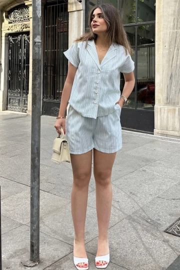 Yeşil Apaş Yaka, Kısa Kol Gömlek & Beli Lastikli, Cepli Şort - Çizgi Desen Fisto Alt Üst Takım