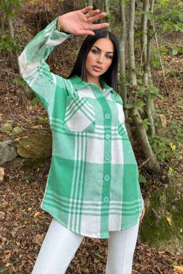 Yeşil Çift Cepli, Ekose Desenli, Rahat Kalıp, Salaş Kaşe Gömlek