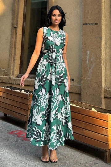 Yeşil Krep Kuşaklı Uzun Elbise