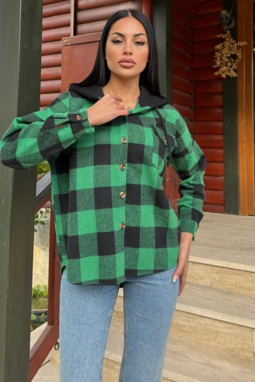 Zümrüt Yeşil Ekose Desenli, Yumuşak Dokulu, Kapüşonlu Oduncu Gömlek