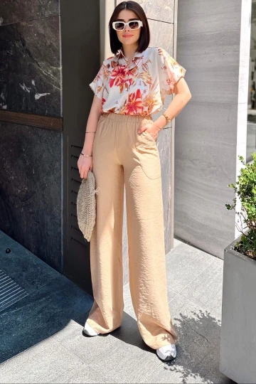 Bej İspanyol Bol Paça, Lastikli Bel, Keten/Airobin Kumaş, Salaş , Cepli, İç Göstermez Pantolon