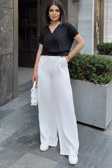 Beyaz İspanyol Bol Paça, Lastikli Bel, Keten/Airobin Kumaş, Salaş , Cepli, İç Göstermez Pantolon