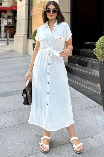 Beyaz Kısa Kol, Gömlek Yaka, Düz Desen, Çift Cepli, Aerobin Kumaş, Kuşaklı Maxi Elbise