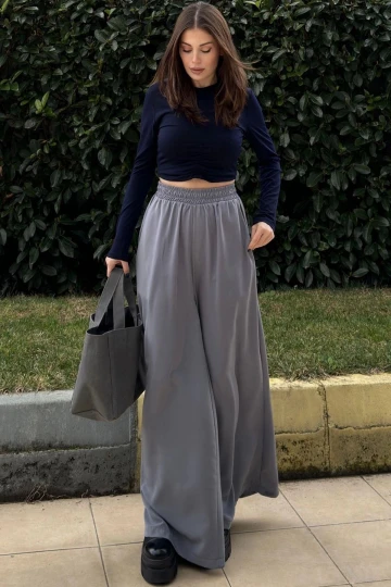 Gri Beli Lastikli, Cepli, İspanyol / Bol Paça Özel Kumaş, Rahat Kalıp Pantolon - Tesettüre Uygun