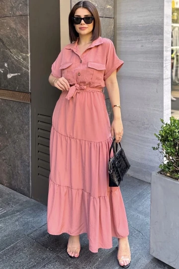 Gül Kurusu Kısa Kol, Airobin Kumaş, Yarım Patlı, Kuşaklı, Eteği Pliseli, Cepli Maxi Uzun Elbise