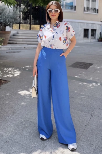 İndigo İspanyol Bol Paça, Lastikli Bel, Keten/Airobin Kumaş, Salaş , Cepli, İç Göstermez Pantolon