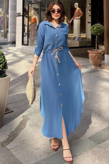İndigo Katlamalı Uzun Kol, Keten/Airobin Kumaş, Beli Büzgülü, Hasır Kemerli Uzun Gömlek Elbise