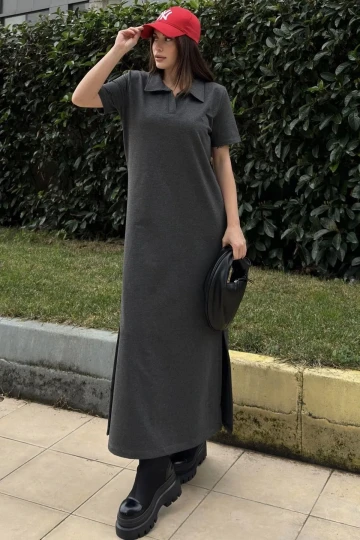 Kadın Antrasit Polo Yaka, Kısa Kol, Yırtmaçlı, Basic Model, Uzun Salaş Elbise