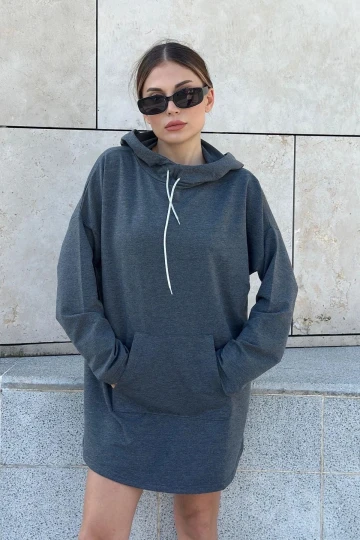 Kadın Antrasit Uzun Kol, Yakası Bağcıklı, Kapüşonlu, Kanguru Cep, Salaş, Uzun Tunik Sweatshirt