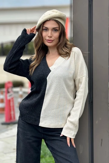 Kadın Antrasit & Vizon Günlük Stil V Yaka Bloklu Uzun Kol Kazak Bluz Sweatshirt