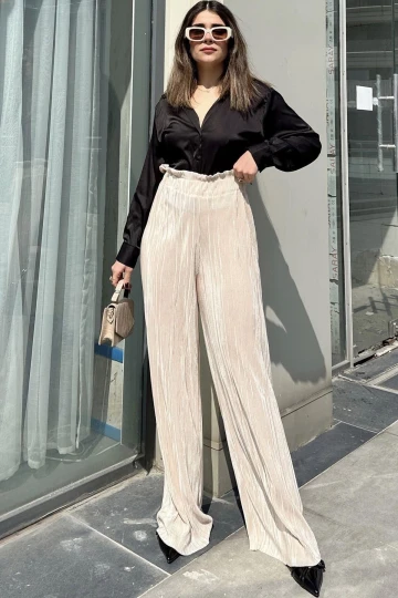 Kadın Bej Beli Lastikli, Yüksel Bel, Salaş Kesim, Bol Paça Bürümcük Pantolon
