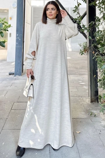 Kadın Bej Boğazlı, Uzun Kolları Manşet Ve Pencere Detaylı, A Kesim, Salaş, Uzun Elbise