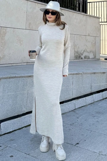 Kadın Bej Bogazlı, Yırtmaç Detaylı, Vucuda Oturan Kalıp, Triko Elbise