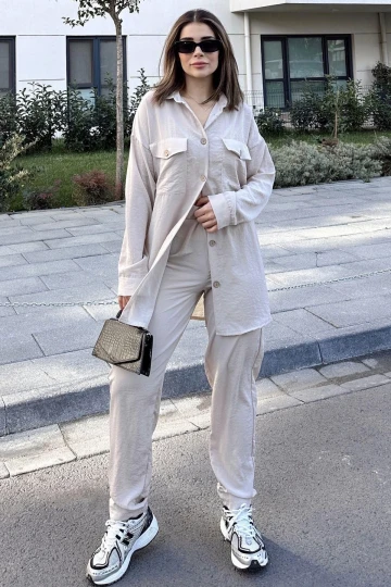 Kadın Bej Çift Cepli Uzun Gömlek & Beli Lastikli Pantolon - Rahat Alt & Üst Takım