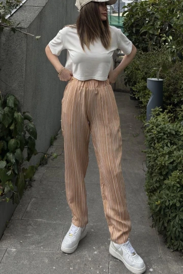 Kadın Bej Çizgili, Beli Lastikli, Cepli, Salaş Spor Pantolon