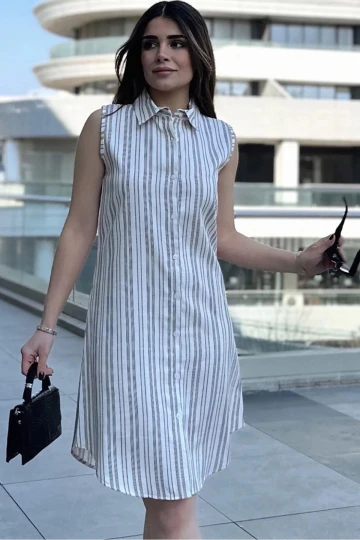 Kadın Bej Çizgili Desen, İthal Kumaş, Kolsuz, Rahat Kesim, Midi Gömlek Elbise