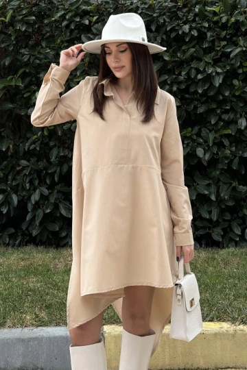 Kadın Bej Gömlek Yaka, Uzun Kol, Asimetrik Kesim, Salaş, Midi Tunik Elbise