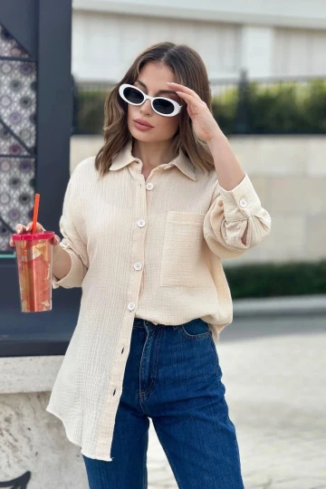 Kadın Bej İthal Müslin Kumaş, Cepli Uzun Ve Salaş Tunik Gömlek