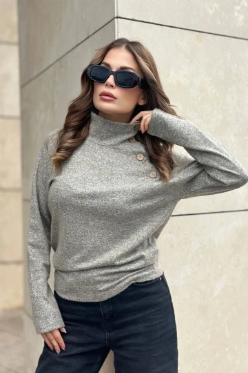 Kadın Bej Kendinden Desenli, Yumoş Kumaş, Uzun Kol, Düğme Detaylı, Boğazlı Bluz