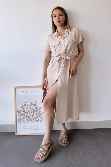 Kadın Bej Kısa Kol, Gömlek Yaka, Düz Desen, Çift Cepli, Aerobin Kumaş, Kuşaklı Maxi Elbise