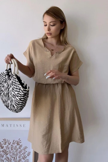 Kadın Bej Kısa Kol, Kalp Yaka, Dokulu Desen, Bele Oturan, Aerobin Lastikli Bel Midi Elbise