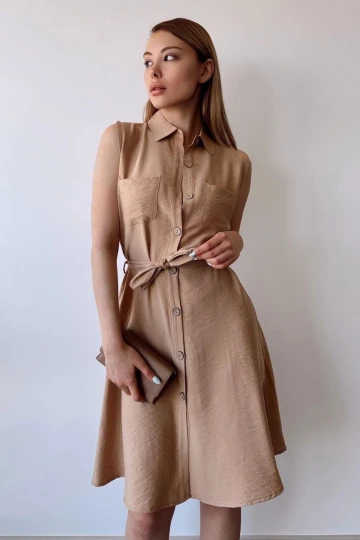 Kadın Bej Kolsuz, Gömlek Yaka, Düz Renk Desen, Çift Cep, A-line Kesim, Aerobin, Kuşaklı Midi Elbise