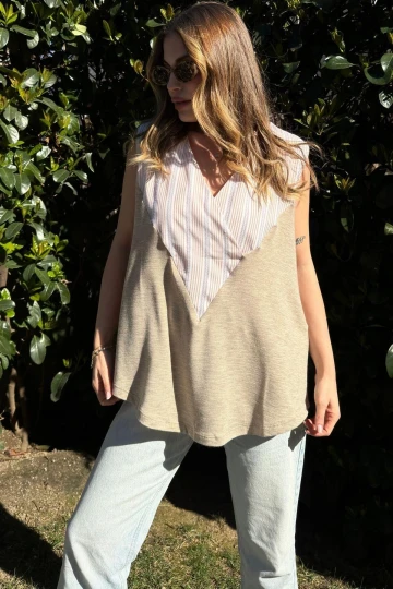 Kadın Bej Kruvaze V Yaka, Kolsuz, Color Block, Salaş Bluz