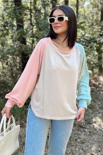 Kadın Bej Uzun Balon Kol, Yuvarlak Yaka, Kolları Double Color Block Basic Sweatshirt Bluz
