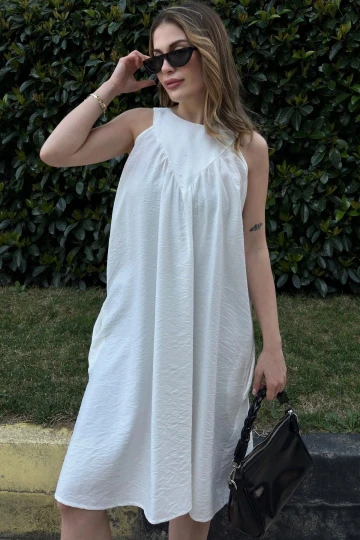 Kadın Beyaz Kalın Askılı, Cep Ve Plise Yaka Detaylı, A Kesim, Salaş Midi Elbise