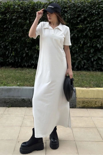 Kadın Beyaz Polo Yaka, Kısa Kol, Yırtmaçlı, Basic Model, Uzun Salaş Elbise