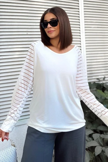 Kadın Beyaz Şerit Tül Detaylı Uzun Kollu, Geniş Yaka, Salaş Kesim Bluz
