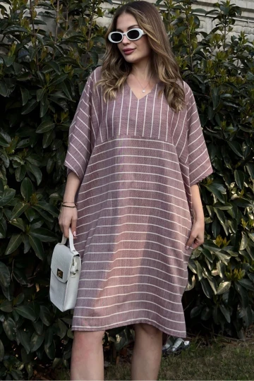 Kadın Bordo Çizgili Keten, Yarım Kol, V Yaka, Cepli, Salaş Midi Elbise