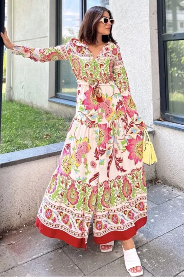 Kadın Bordo Desenli Gömlek Yaka, Uzun Kol, Eteği Pliseli, Beli Kuşaklı, Salaş Kesim, Uzun Elbise