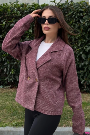 Kadın Bordo Kruvaze Yaka, Çift Düğme, Rahat Kalıp, Fitilli Kaşe Kumaş Ceket