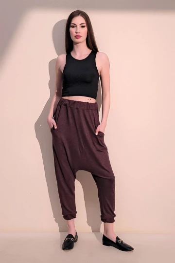 Kadın Bordo Modern Tarz Beli Lastikli Cepli Salaş Şalvar Pantolon