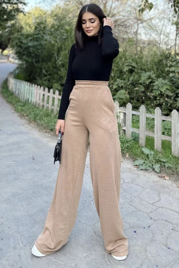 Kadın Camel Beli Lastikli, Cepli Örme Dokuma Kumaş, Bol Paça, Salaş Pantolon