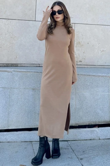 Kadın Camel Bogazlı, Yırtmaç Detaylı, Vucuda Oturan Kalıp, Triko Elbise