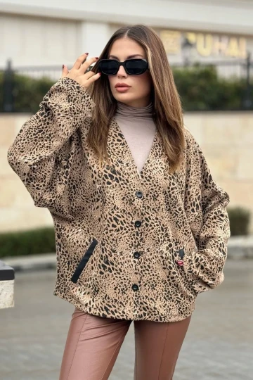 Kadın Camel Leopar Desenli, Premium Kumaş, Salaş Ceket
