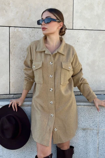 Kadın Camel Uzun Kol, Çift Cepli, Eteği Oval Kesim, Kaşe Gömlek Elbise