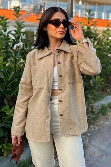 Kadın Camel Uzun Kol, Çift Cepli, Eteği Oval Kesim, Kaşe Gömlek Ceket