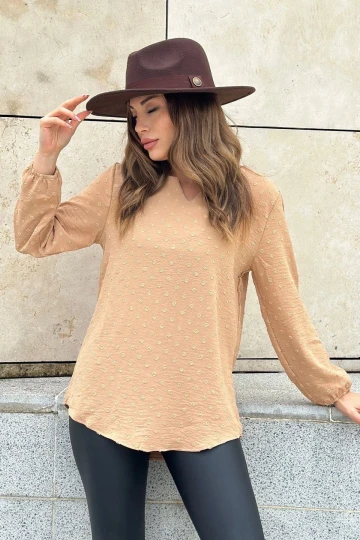 Kadın Camel Uzun Truvakar Kol, Öpücük Yaka, Ponponlu Kumaş Basic Kesim Bluz - Tesettüre Uygun