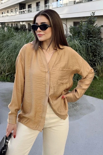 Kadın Camel V Yaka, Uzun Kol, Airobin Kumaş, Arkası Pliseli, Salaş Gömlek
