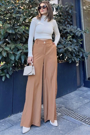Kadın Camel Yüksek Bel, Cepli, Bol Paça Pantolon