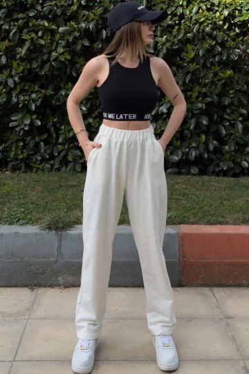 Kadın Ekru Beli Lastikli, Cepli, Paçası Pliseli, Salaş Pantolon