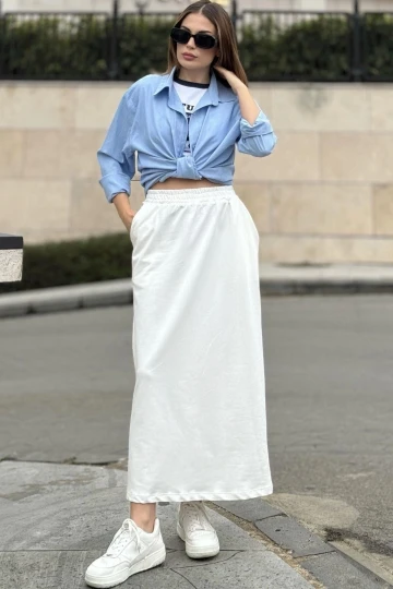 Kadın Ekru Beli Lastikli, Rahat Kalıp, Cepli Uzun Etek